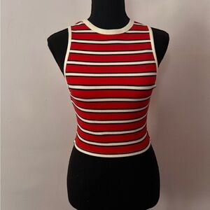 Alice + Olivia Red and Black Striped Ribbed Tank with Cream Trim